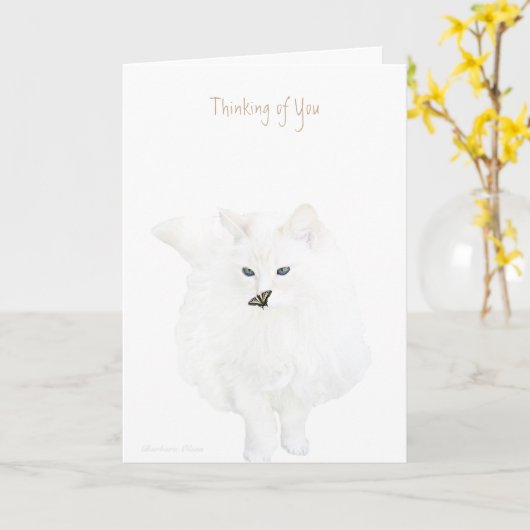 Carte Pensez à vous : mignon chat blanc (Fleur jaune)