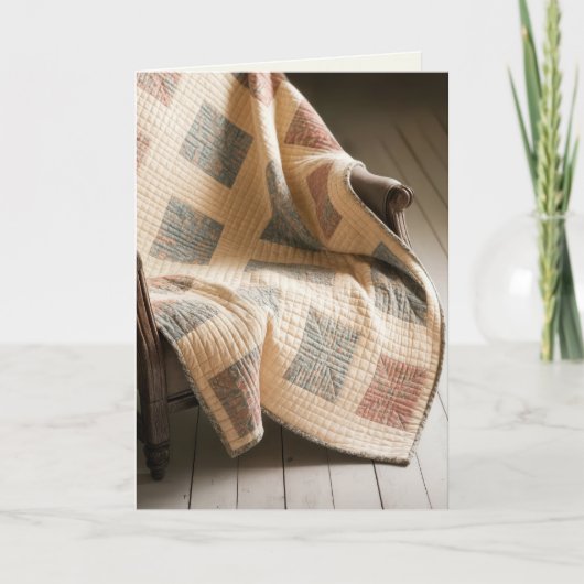 Carte Pensez à vous vieille couette sur un fauteuil (Devant)