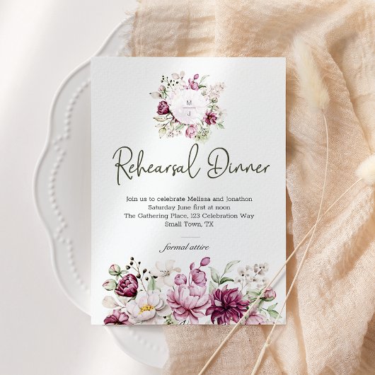 Carte Peonies Bourgogne rose Dîner de répétition florale