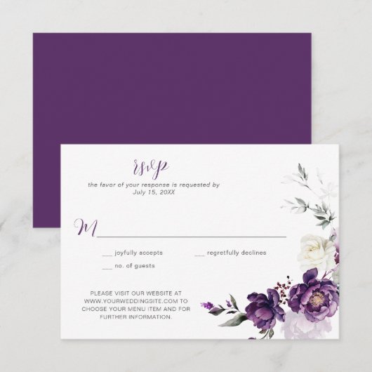 Carte Peonies violettes foncées Mariage floral RSVP (Devant / Derrière)