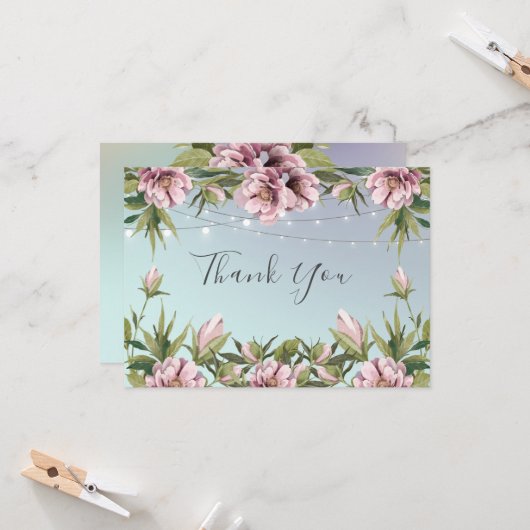 Carte Peony rose simple, lumières à cordes mariage merci (Devant/Arrière en situation)