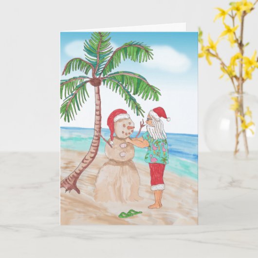 Carte Père Noël à l'aquarelle et Noël bonhomme de neige (Fleur jaune)