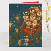 Carte Père Noël avec des chiots joyeux et des lutins ! (Fleur jaune)