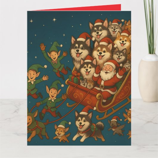 Carte Père Noël avec des chiots joyeux et des lutins ! (Devant)