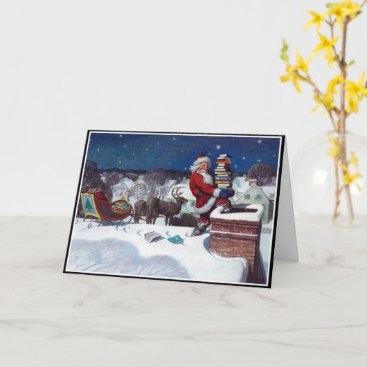 Carte Père Noël avec traîneau plein de livres (Fleur jaune)