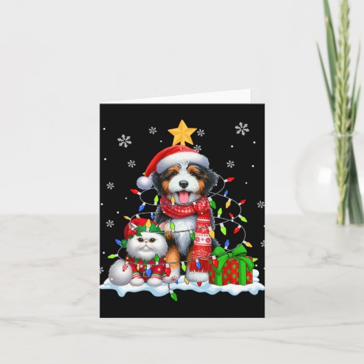 Carte Père Noël Bernedoodle Avec Elf Chat Feux de Noël (Devant)