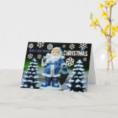 Carte Père Noël bleue, voeux de Noël (Fleur jaune)