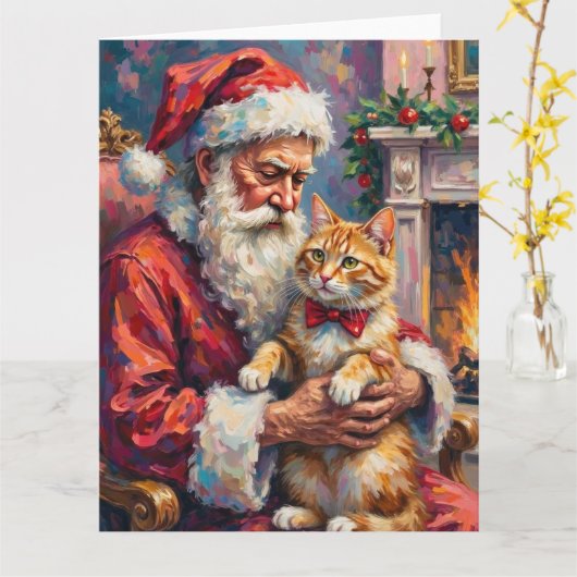 Carte Père Noël Chat Angora Turc Art de Noël (Fleur jaune)