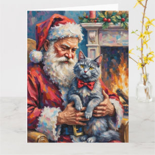 Carte Père Noël Chat Bleu Oriental Art de Noël