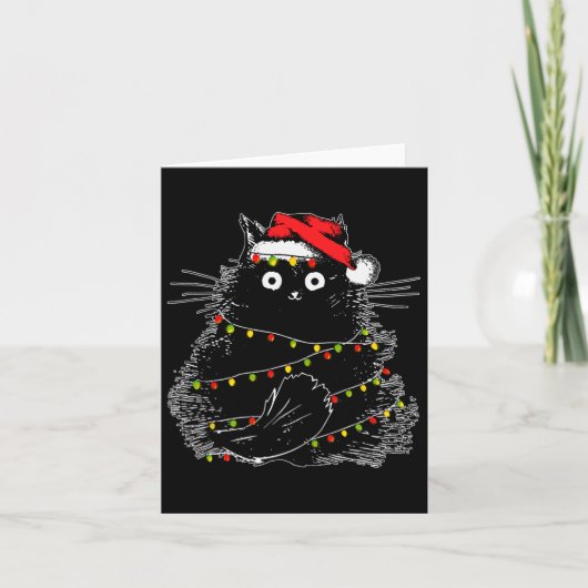 Carte Père Noël Chat Noir Tangé Dans La Lumière De L'Arb (Devant)