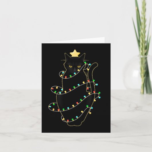 Carte Père Noël Chat Noir Tangé Dans La Lumière De L'Arb (Devant)