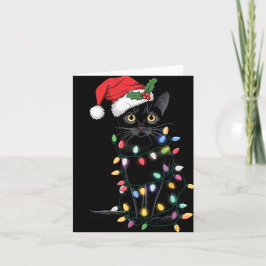 Carte Père Noël Chat Noir Tangé Dans La Lumière De L'Arb (Devant)