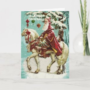 Carte Père Noël de Noël Vintage sur l'arbre à cheval et 