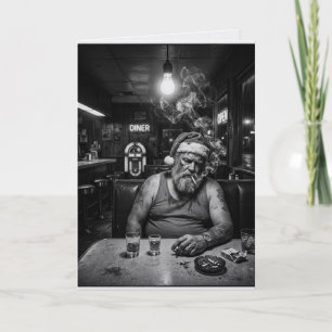 Carte Père Noël débraillé Diner Fumant Noël Sombre