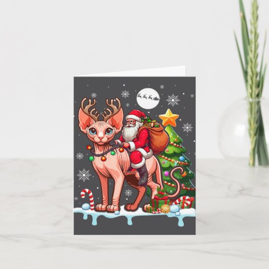 Carte Père Noël équitation renne Sphynx Chat Xmas arbre (Devant)