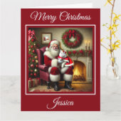 Carte Père Noël et belle chatte blanche (Fleur jaune)