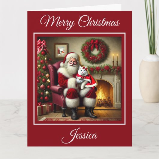 Carte Père Noël et belle chatte blanche (Devant)