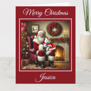 Carte Père Noël et belle chatte blanche