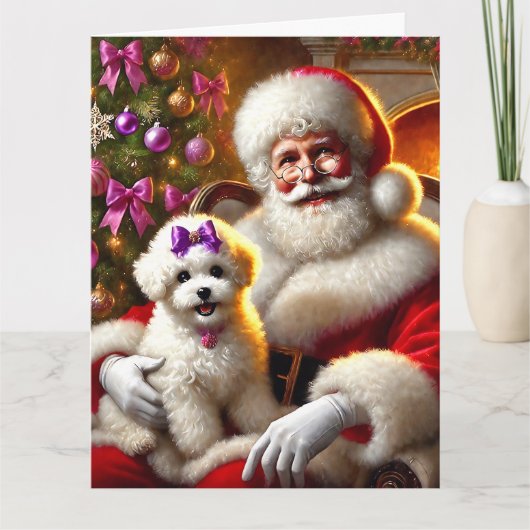 Carte Père Noël et Bichon Frisé Puppy avec pourpre Bow (Devant)