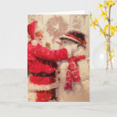 Carte Père Noël et bonhomme de neige sous la neige (Fleur jaune)