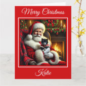 Carte Père Noël et Cute noir et blanc Kitten (Fleur jaune)