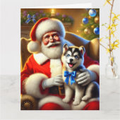 Carte Père Noël et Husky Puppy avec Blue Bow (Fleur jaune)