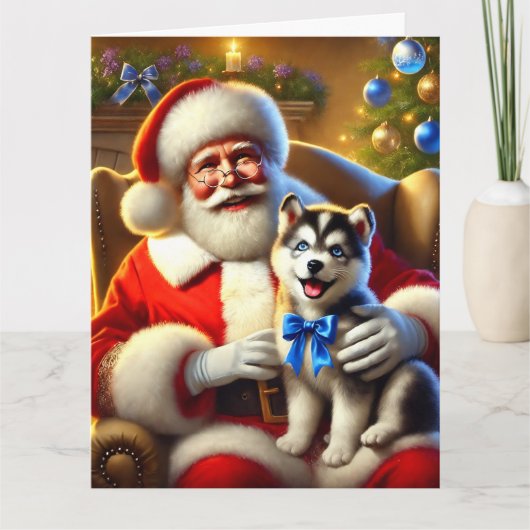 Carte Père Noël et Husky Puppy avec Blue Bow (Devant)