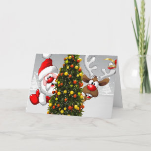 Carte Père Noël et rennes derrière un arbre de Noël.j