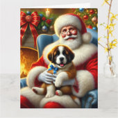 Carte Père Noël et Saint Bernard Puppy avec Blue Bow (Fleur jaune)