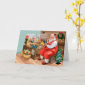 Carte Père Noël et ses lutins dans l'atelier (Fleur jaune)