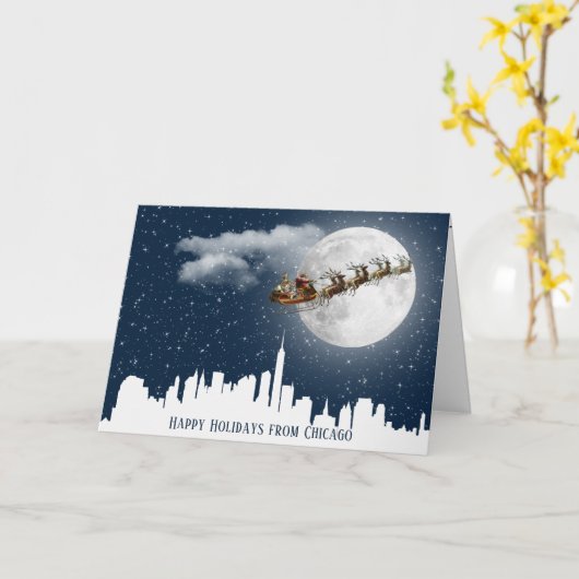 Carte Père Noël et Sleigh survolent le Big City Skyline (Fleur jaune)