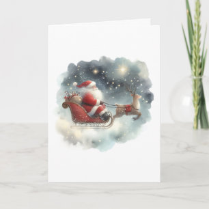 Carte Père Noël et son traîneau dans le ciel nocturne