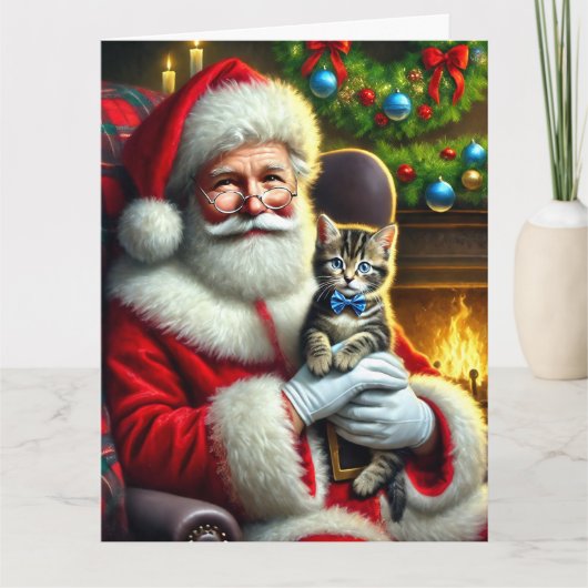 Carte Père Noël et Tabby Kitten adorable avec Bow bleu (Devant)