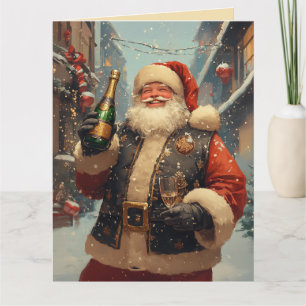 Carte Père Noël festif célébrant avec du Champagne