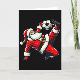 Carte Père Noël joue au football coup de bicyclette, fem