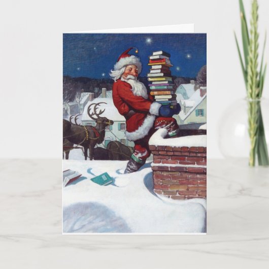 Carte Père Noël livrant des livres à Noël, (Devant)