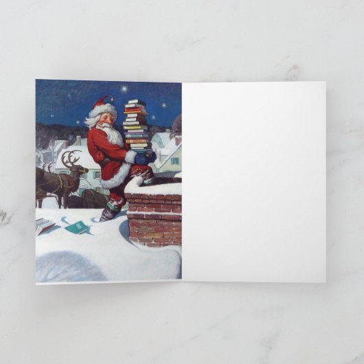 Carte Père Noël livrant des livres à Noël, (Intérieur)