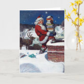 Carte Père Noël livrant des livres à Noël, (Fleur jaune)