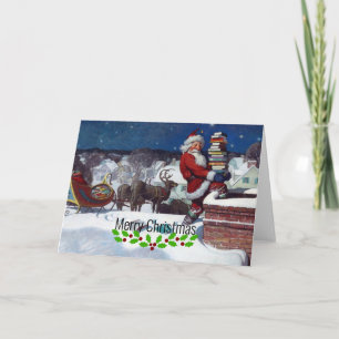 Carte Père Noël livrant une brassée de livres par Wyeth