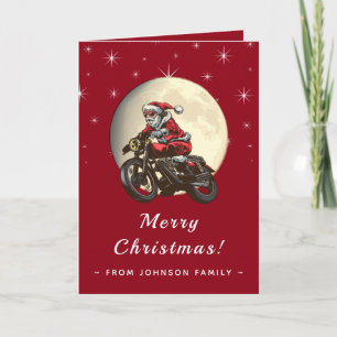 Carte Père Noël motard roulant sur une moto ciel de lune