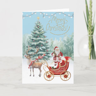 Carte Père Noël New Sleigh Faux Broderie Joyeux Noël