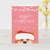 Carte Père Noël Orange Corgi Joyeux Noël rose (Fleur jaune)