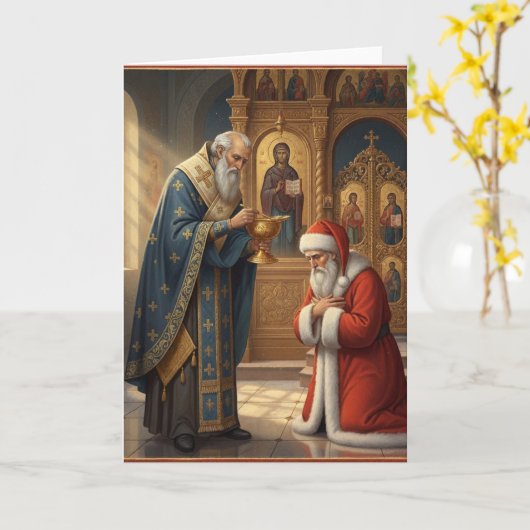 Carte Père Noël recevant la communion dans une église or (Fleur jaune)