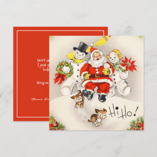 Carte Père Noël Rétro Vintage Bonhomme de Neige Chiots M