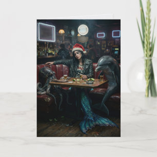 Carte Père Noël Sirène Fatiguée Calamar Dauphin Bar Noël