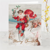 Carte Père Noël sur un grand-bi avec rennes (Fleur jaune)