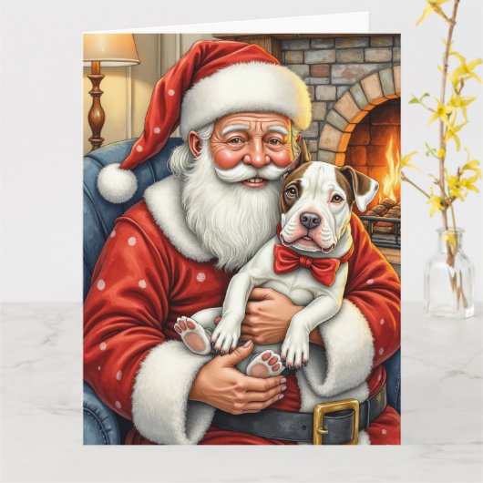 Carte Père Noël tenant l'art de Noël de Bull Terrier (Fleur jaune)
