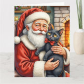 Carte Père Noël tenant l'art de Noël de chat noir (Devant)