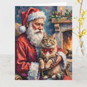 Carte Père Noël tenant l'art de Noël de chat sibérien