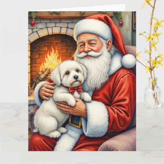 Carte Père Noël tenant l'art de Noël de Coton de Tulear (Fleur jaune)